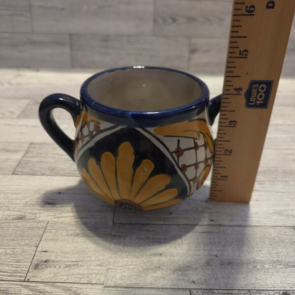 Lidded Talavera Mexico Terracotta Hand Painted Bowl With Handles - Picture 10 of 15